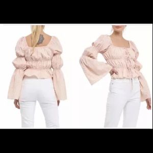 NWT English Factory Tie Detailed Shirring Top Size L Blush Long Sleeve Blouse